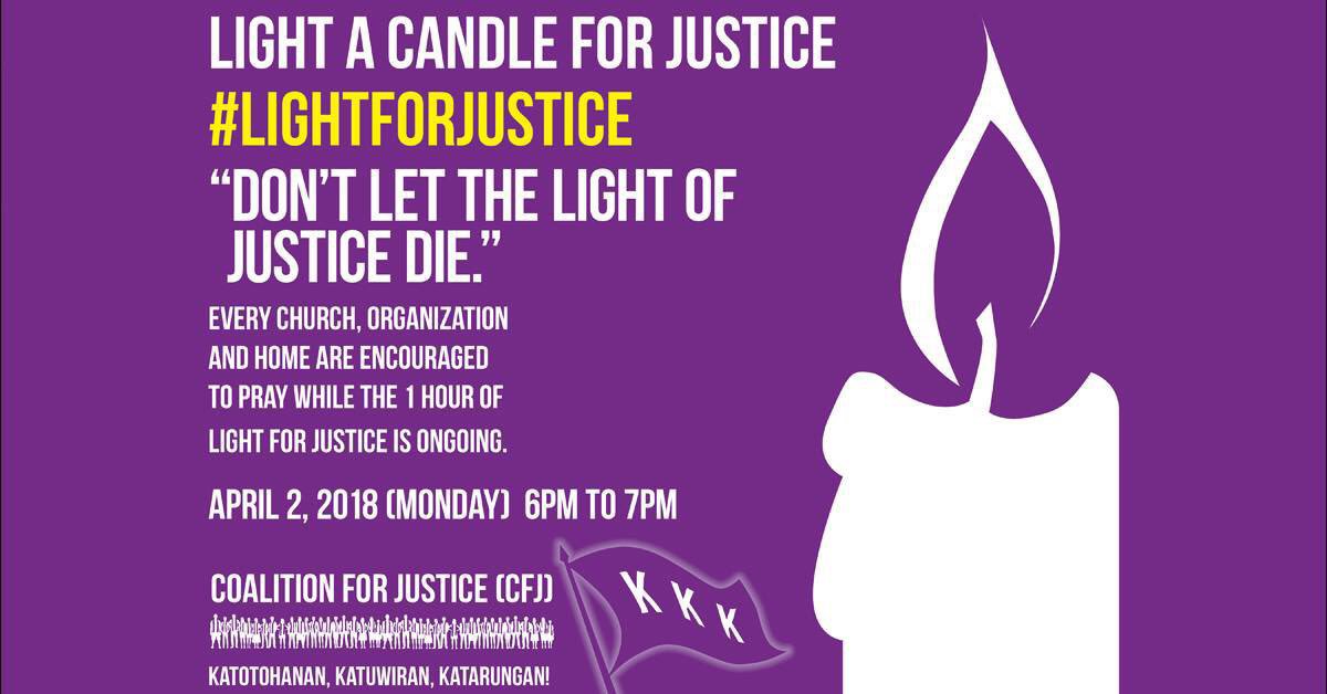 CFJustice2017's tweet photo. As we relive Christ's Passion this week, let us remember that His Cross triumphed over evil, and that His death and resurrection brought true justice to all. Join us on MONDAY, APRIL 2, from 6-7 pm.
#LightForJustice #StandWithCJ #QuoWarrantoIbasura #KatotohananKatuwiranKatarungan https://t.co/ZLt0sb76qX
