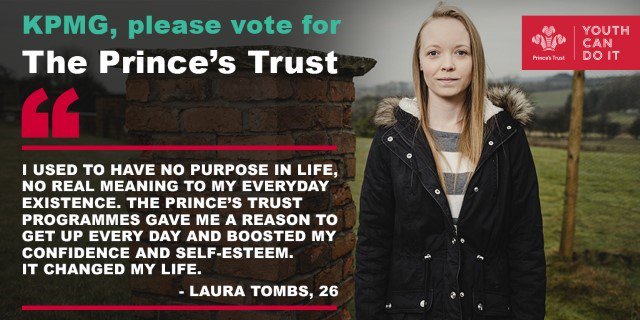 trust_i's tweet photo. Do you work at @KPMGUK or know someone who does? Ask them to
vote for @PrincesTrust and give young people a brighter future #YouthCanDoIt

 #YouthCanDoIt https://t.co/UQ7T70dEX8