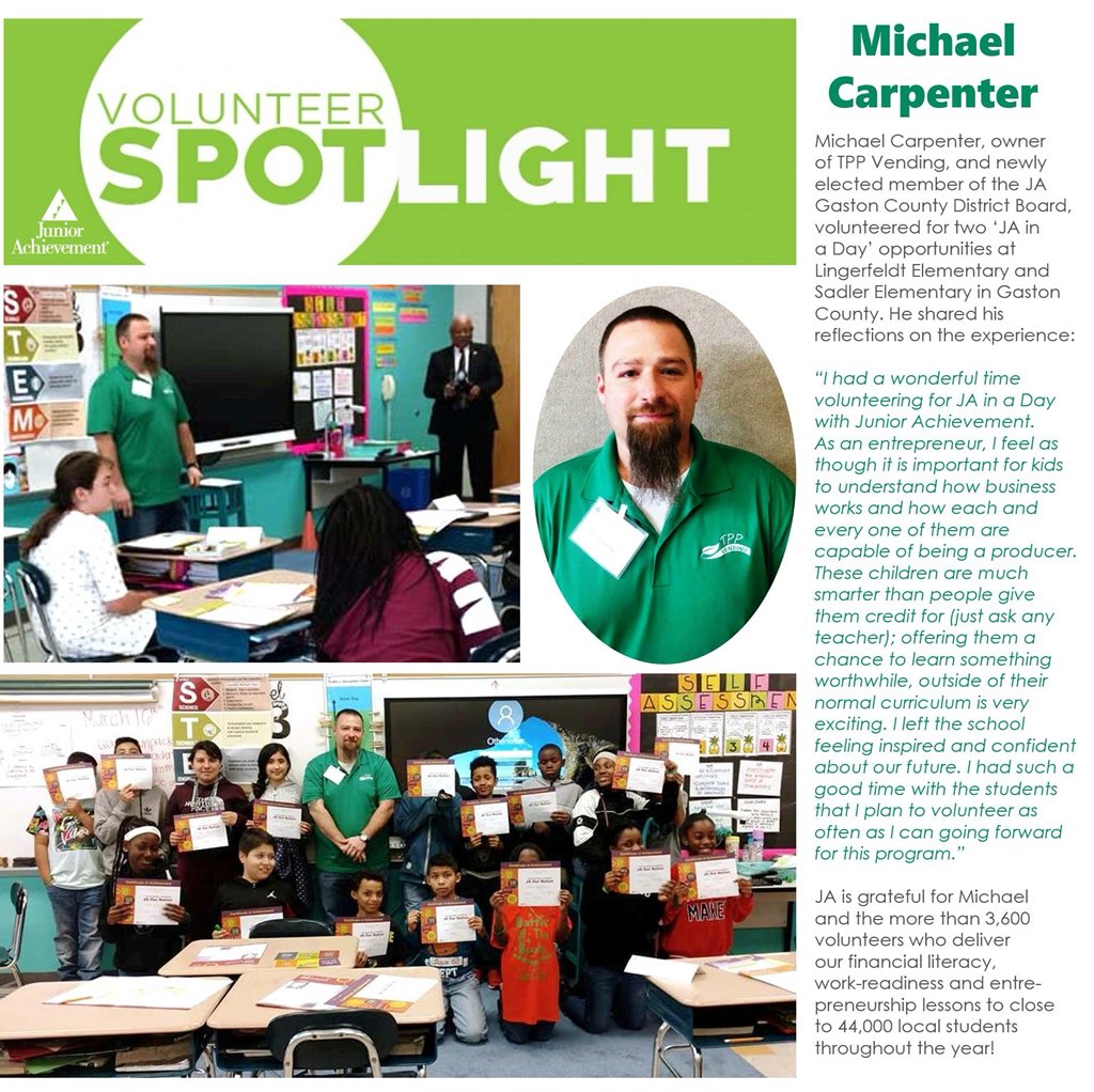 JACenCarolinas's tweet image. JA VOLUNTEER SPOTLIGHT
Michael Carpenter, owner of @TPPVENDING and member of the #JA Gaston County Board, volunteered for two ‘JA in a Day’ opportunities in @GastonSchools. He shared his reflections on the experience for this JA #Volunteer Spotlight. #JAinaDay #ThankfulThursday