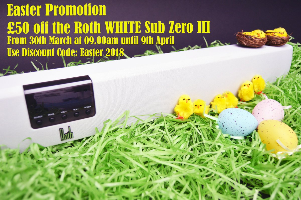 #EASTER Promotion! Head on over to the Roth Audio website tomorrow from 9am to get £50 off our White Sub Zero III sound bar! Link below, don't miss out on this fantastic Easter offer! #Promo #Roth #Soundbar

rothaudio.co.uk/index.php/subz…