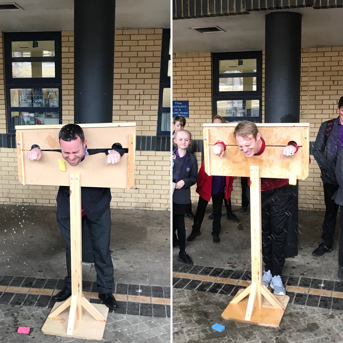 MrGreenall_'s tweet photo. Great fun helping to raise money for @TheBHF at lunch break today. @LewisHall81 and I taking one for the team! @sl_academy #spongetheteacher https://t.co/tsRFAgqzYA