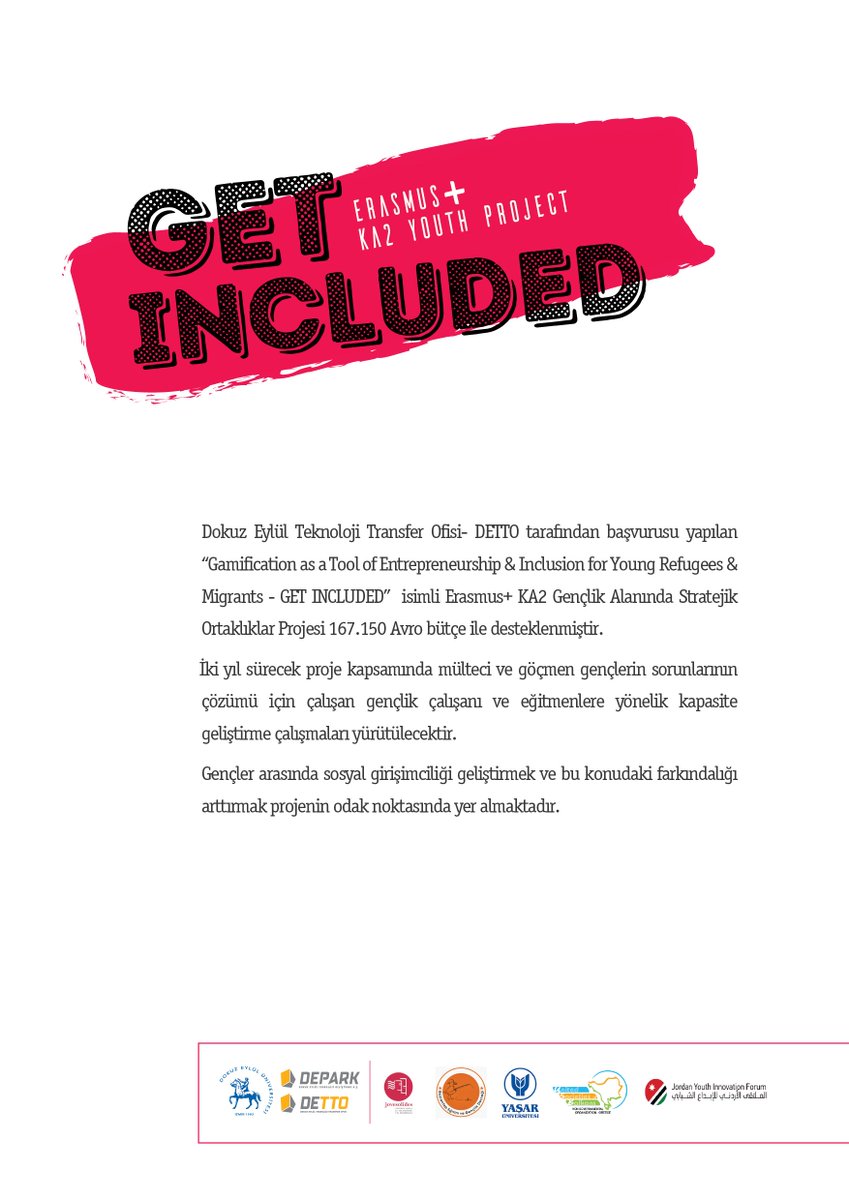 Get_Included's tweet photo. Dokuz Eylül Teknoloji Transfer Ofisi - @dokuzeylultto tarafından başvurusu yapılan “Gamification as a Tool of Entrepreneurship &amp; Inclusion for Young Refugees &amp; Migrants - GET INCLUDED” isimli Erasmus+ KA2 Gençlik Alanında Stratejik Ortaklıklar Projesi'dır. https://t.co/3KtJoVWymR