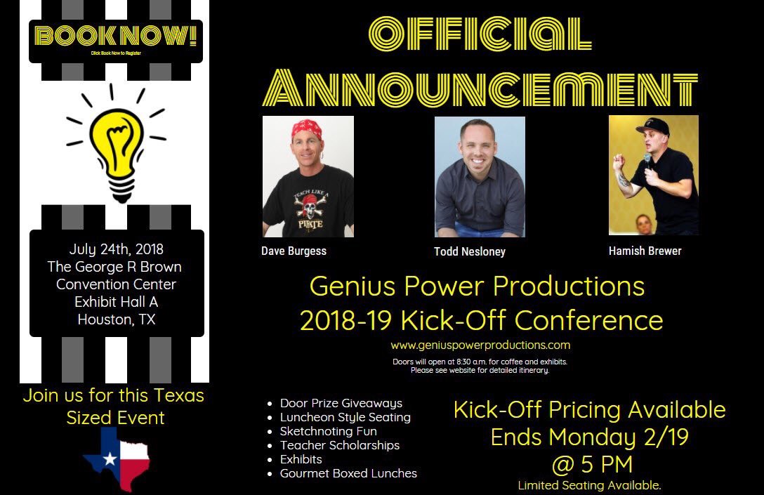 burgessdave's tweet photo. This will be EPIC!!! @brewerhm @TechNinjaTodd &amp; me headlining the SAME event. We will bring the house down 7/24/18 in Houston, TX!! Brought to you by @teachchoice Register NOW! https://t.co/XQNZo4u84O #tlap #LeadLAP #KidsDeserveIt #BeTheOne #txeduchat #txed https://t.co/YFDJb9O4vM