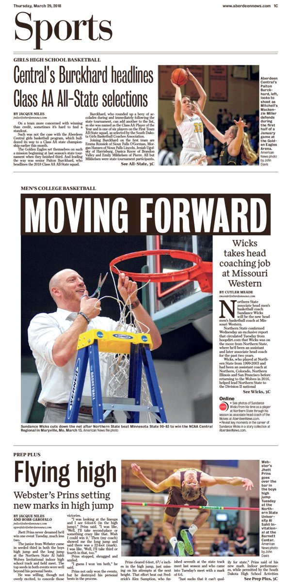 aberdeensports's tweet photo. Today's Sports #PageOne:
🏀 #AberdeenSD Central's Burckhard headlines Class AA All-State selections
🏀 @CoachSundance takes head coaching job at Missouri Western
🏃 #WebsterSD's Prins setting new marks in high jump
Find more at https://t.co/9Lqvvvx1fZ
@APSE_sportmedia https://t.co/m5XzpJyM20