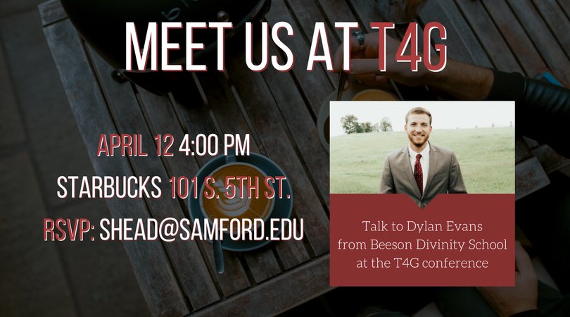 BeesonDivinity's tweet photo. Beeson will be @T4GOnline conference April 11-13. If you’ll be there and would like to learn more about #whyBeeson, join MDiv student @Dylanevans93 at Starbucks on April 12 at 4 p.m. RSVP to shead@samford.edu. Hope to see you there! https://t.co/j4A2Wn9Tih