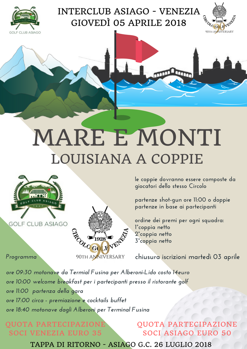 INTERCLUB <a href="/GolfVenezia/">Circolo Golf Venezia</a> - <a href="/golfasiago/">golf asiago</a> 
GIOVEDI' 05 APRILE 2018
LOUISIANA A COPPIE
