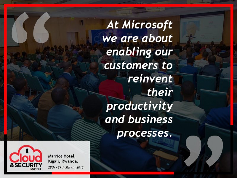 dx5ve's tweet photo. At Microsoft we are about enabling our customers to reinvent their productivity and business processes - @markjnbwari @MicrosoftEA @4Afrika #CloudSecuritySummit2018 https://t.co/KlDgmx6668