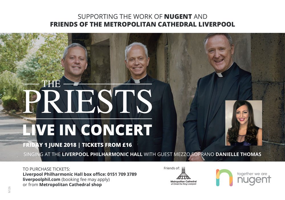 Bishop_Eton's tweet photo. The Priests will perform at the Philharmonic Hall on 1.6.2018.

Proceeds will go to Nugent and Metropolitan cathedral funds.

Nugent will use all its share to support resettlement projects across the Archdiocese.

Tickets from the Phil's website, Met. Cathedral Shop and Nugent. https://t.co/KNukBofoZn