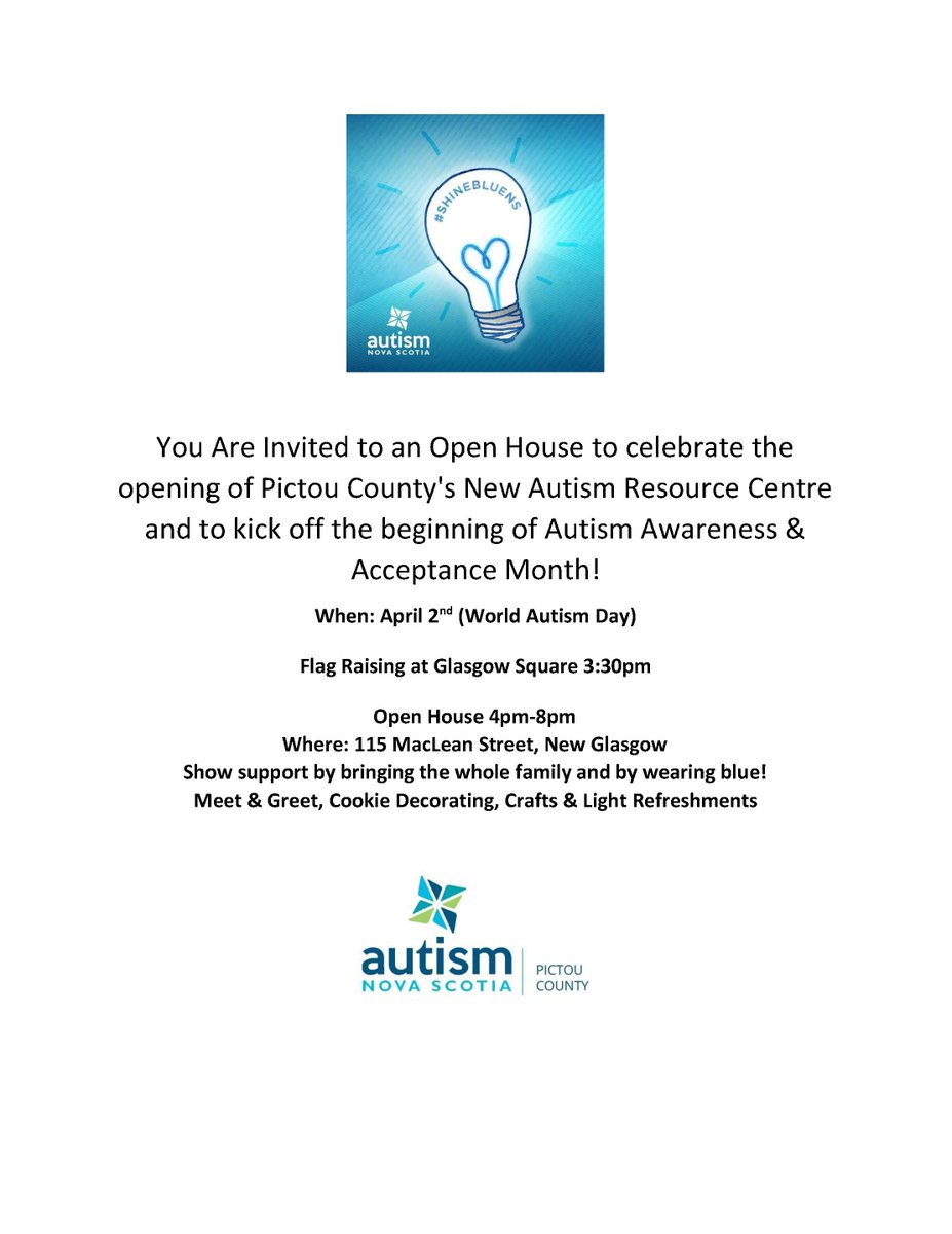 Autism_PC's tweet photo. Come help kick off Autism Awareness and Acceptance Month and Grand Opening of Pictou County's first Autism Resource Centre! https://t.co/warM4Xp6TP
