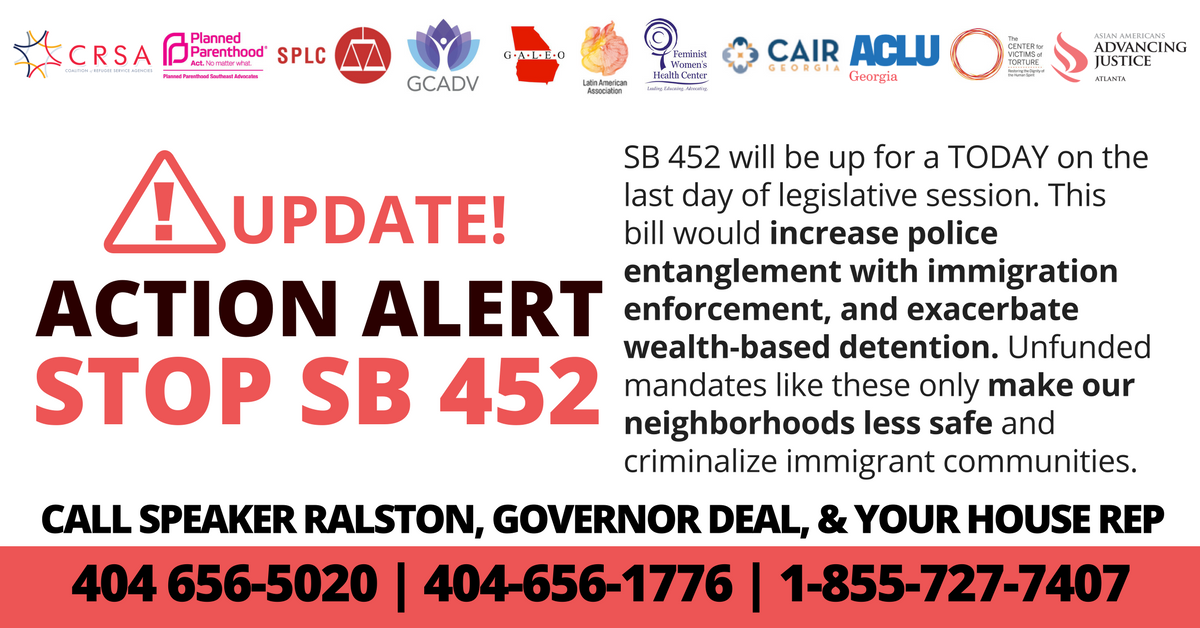 JerryGonzalez93's tweet photo. Help us stop SB452! We don't want a #PoliceStateinGA! CALLS needed ASAP 1-855-727-7407! Anti-immigrant legislation now in the GA House! #gapol .@CaseyCagle is wrong on this bill. It would hurt GA's future and economic development. #AdiosAmazon #AmazonHQ2 #FB https://t.co/mnKa3XAXXp