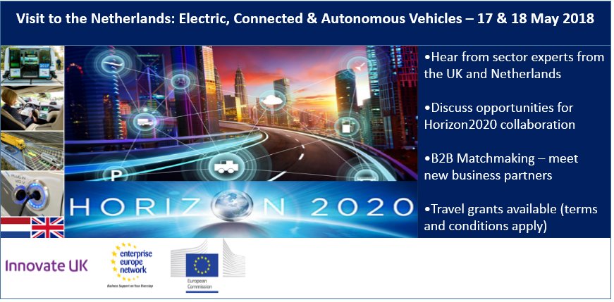 Come with us to the Netherlands! If you are in the #connectedcar #autonomousvehicles or #electriccar sectors, you can take part in a visit to <a href="/AutoCampus_NLD/">Automotive Campus</a> in May! Email eeninfo@emc-dnl.co.uk or tweet @EEN_Midlands before 30th April