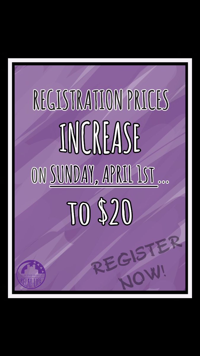 fsurelayforlife's tweet photo. Don't forget to register for our event NOW before the price increases! Tell your friends!!💜🌟 https://t.co/usNrtWX9SZ