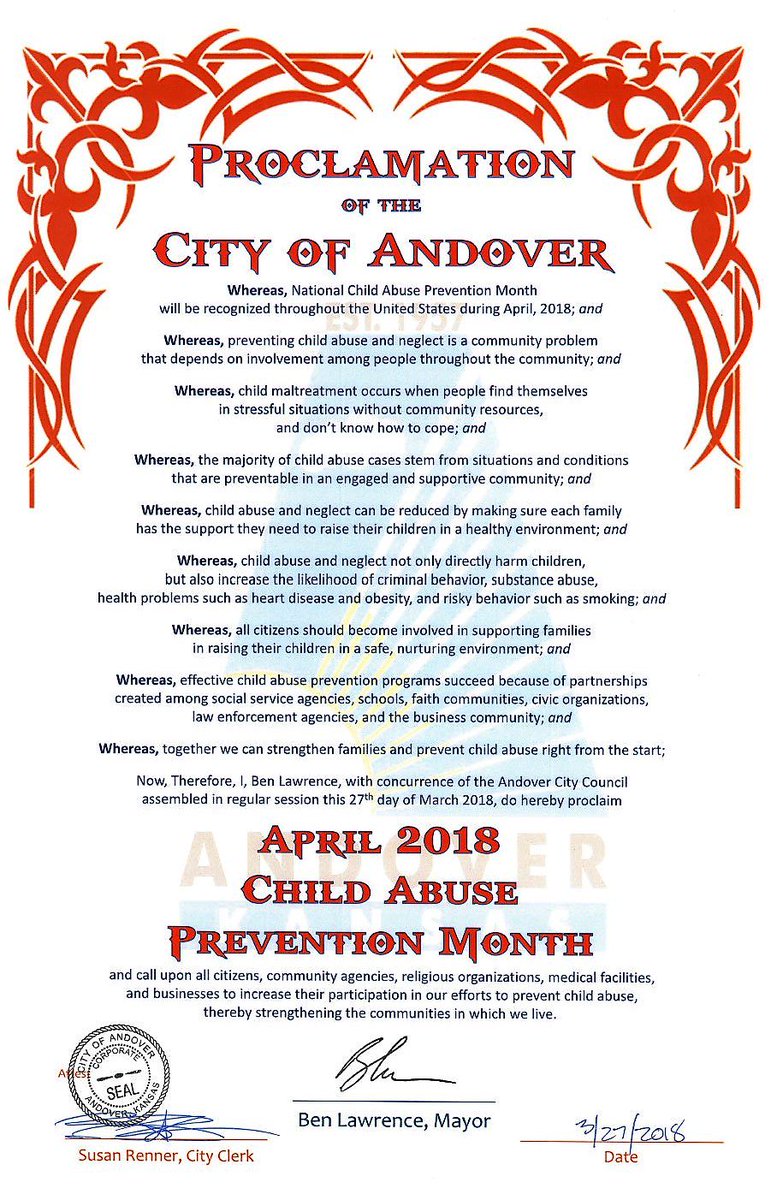At Tuesday's City Council Meeting, April 2018 was proclaimed to be Child Abuse Prevention Month. Suzi Thein, Executive Director with Sunlight Children's Advocacy &amp; Rights Foundation (SCARF) and the Andover Children's Home was present to receive the proclamation.