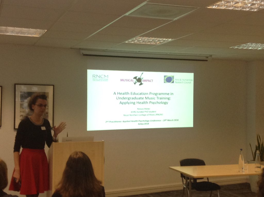 Philipp_Frank_'s tweet photo. Excited to hear Raluca Matei, Royal Northern College of Music, presenting "A Health Education Programme in Undergraduate Music Training: Applying Health Psychologyโ at #ahpc2018 @SCCHCONSULTING @BPSOfficial @divhealthpsych #healthpsychology https://t.co/cyyfZyBGoJ