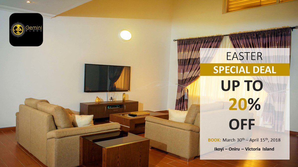 GeminiPlace's tweet image. This Easter enjoy a stay in the heart of Lagos at Gemini Place Apartments. Let us treat you to The Art of Comfort.
Follow this link to book now &amp;gt;&amp;gt;&amp;gt; geminiplaceng.com/we-want-to-hea…

#ServicedApartments #ShortLetsLagos #LuxuryApartment #EsterDeal #PriceSlash