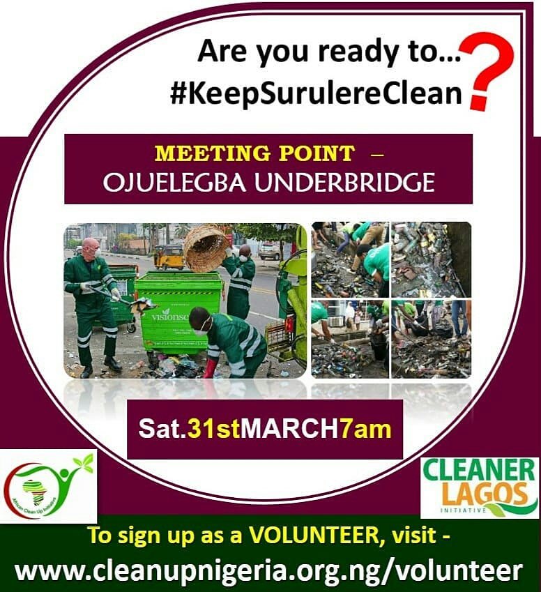 CleanUpNigeria's tweet photo. It's happening this Saturday. #KeepSurulereClean is happening this Saturday 31/03/2018
We're ready to do everything in our capacity to ensure that our environment is safe, clean and habitable.
Are you ready to join us?
Check the flier for more details
Retweet for awareness. https://t.co/ZKLuggapUL