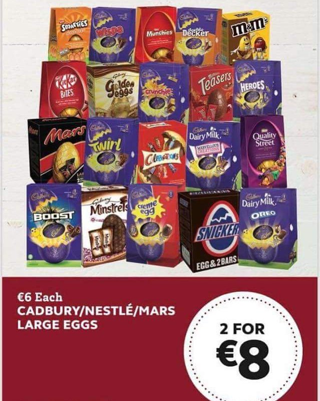 Large Easter eggs €6 each or 2 for €8 All weekend here at SuperValu Sundrive  
#EasterWeekend #Easter #SVSUNDRIVE  #supervalu