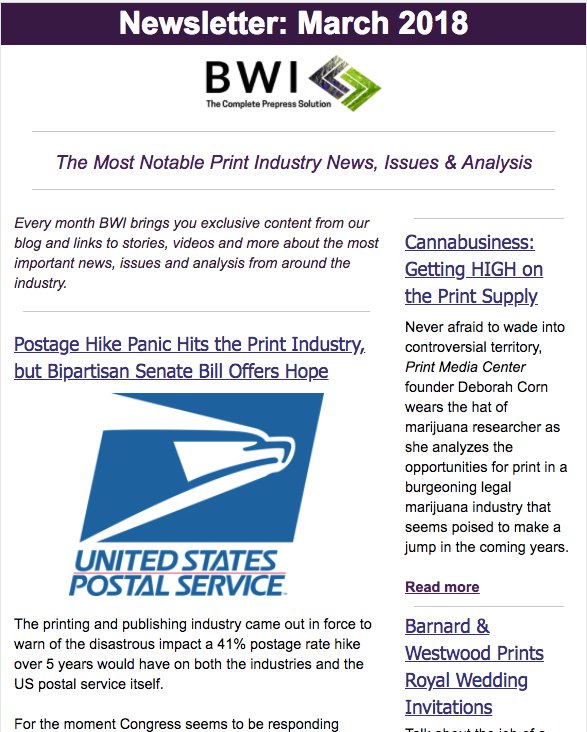 BobWeberInc's tweet photo. This month in BWI's newsletter features content from @PIConnects, @PrintMediaCentr, @DeadTreeEdition, covering the dreaded postage rate hike, potential for #print in the legal marijuana biz, aluminum tariffs &amp; more! Don't miss the next 1! Subscribe here: https://t.co/D8LpW8EdLm https://t.co/CjiPk2t84w