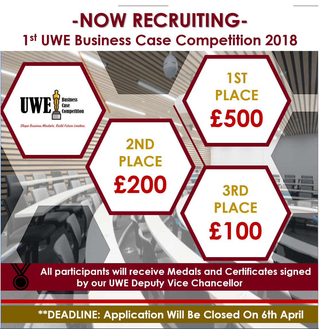 uwebcc's tweet image. RED ALERT

We happily announce that The UWE BCC's prizes have been structured into the new level. The more valuable the prizes are, the more challenge the Competition will be.
Follow our page for the newest information: facebook.com/uwebcc
or Twitter: