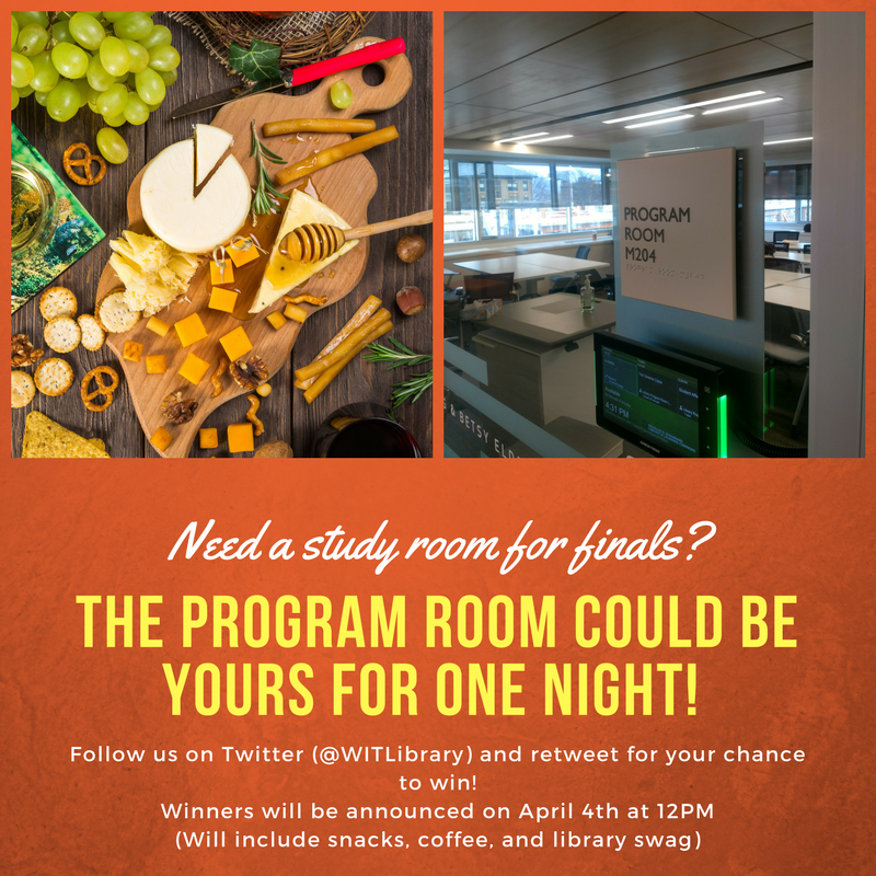 Need a study room? Follow us , like, and retweet for a chance to book a snack-filled Program Room for you and your group! The winner will be announced on 4/4 at 12PM.

You must be a <a href="/wentworthinst/">Wentworth Institute of Technology</a> student to participate.