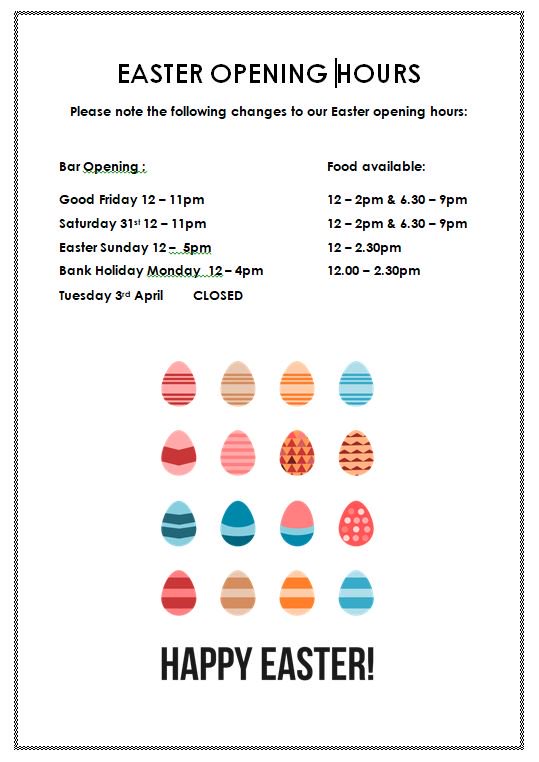 Happy Easter all you lovely folk!  If you're not heading off on an Easter adventure &amp; you fancy popping in for pie or a pint, please note the following changes to our opening hours over the Bank holiday weekend.  Please retweet, I'd hate anyone to arrive to find the doors closed.