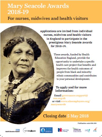 Applications are invited from individual nurses, midwives and health visitors in England to participate in the prestigious Mary Seacole Awards for 2018 - 2019. Closing date 5 May 2018. The Award is funded by @NHS_HealthEdEng Apply here nhsemployers.org/maryseacole
