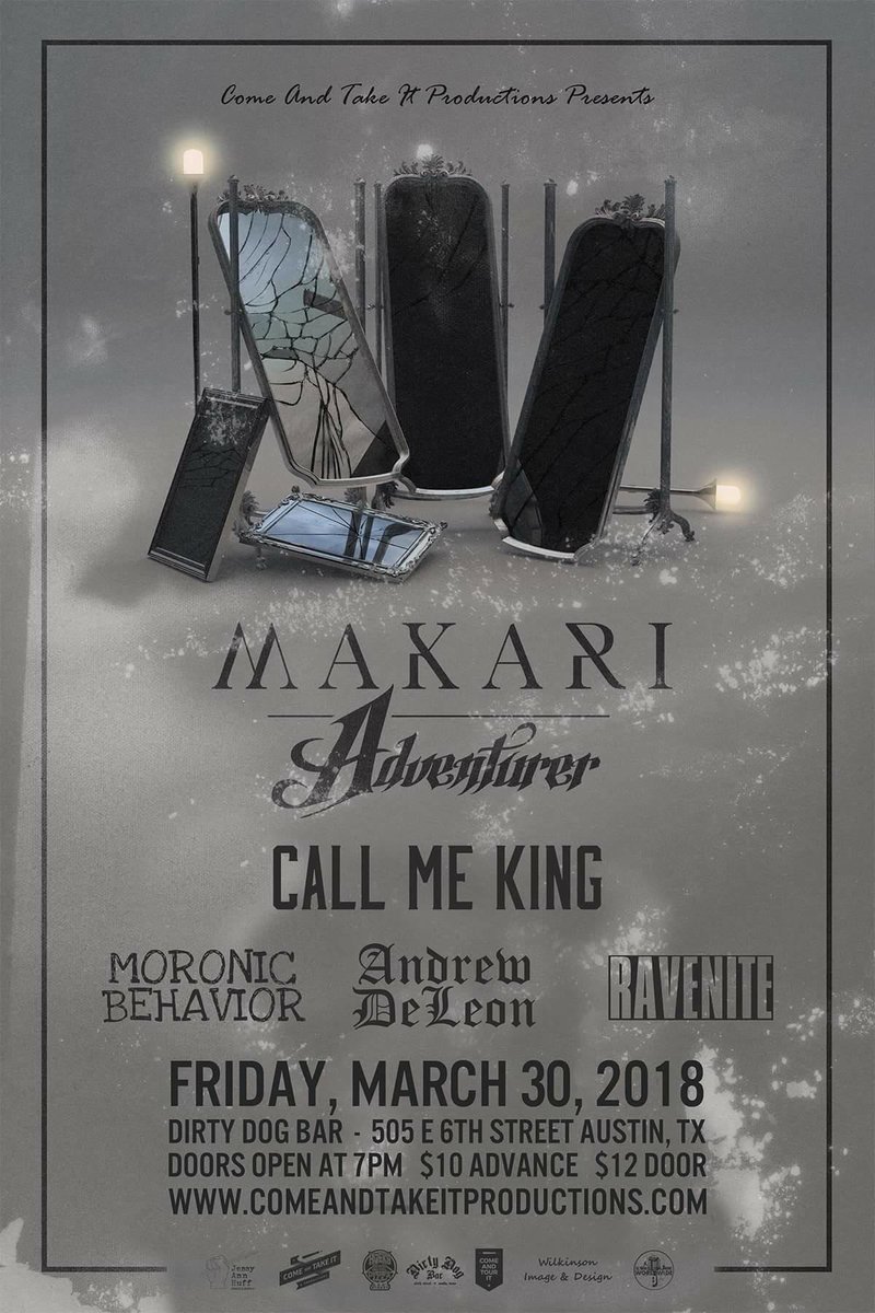 coyotemusic's tweet photo. This Friday March 30th #DirtyDogBar & @catiproductions present a killer lineup: Our dear friend and vocal maestro #AndrewDeLeon shares the bill with #makari #adventurer #callmeking #moronicbehavior and #ravenite.
#atxmusic #austinmusic #comeandtakeitproductions https://t.co/2dUqBlBaXO