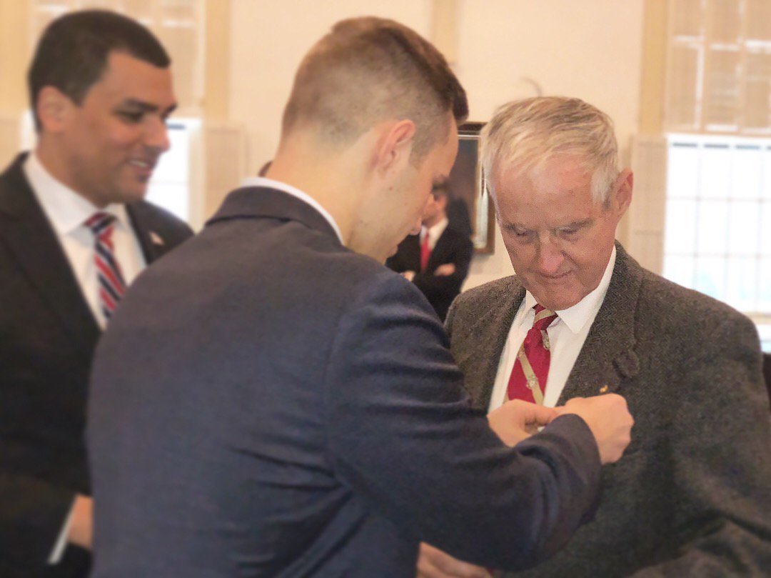 thelandmarknews's tweet photo. Mass Sec. of Veterans’ Services, Francisco A. Ureña, stopped in Holden today to meet with resident and Eagle Scout Zac Vandale. In honor of National Vietnam War Veterans Day, Vandale and Sec. Ureña pinned two local Vietnam War veterans in recognition of their service. https://t.co/60O3uL6zjV