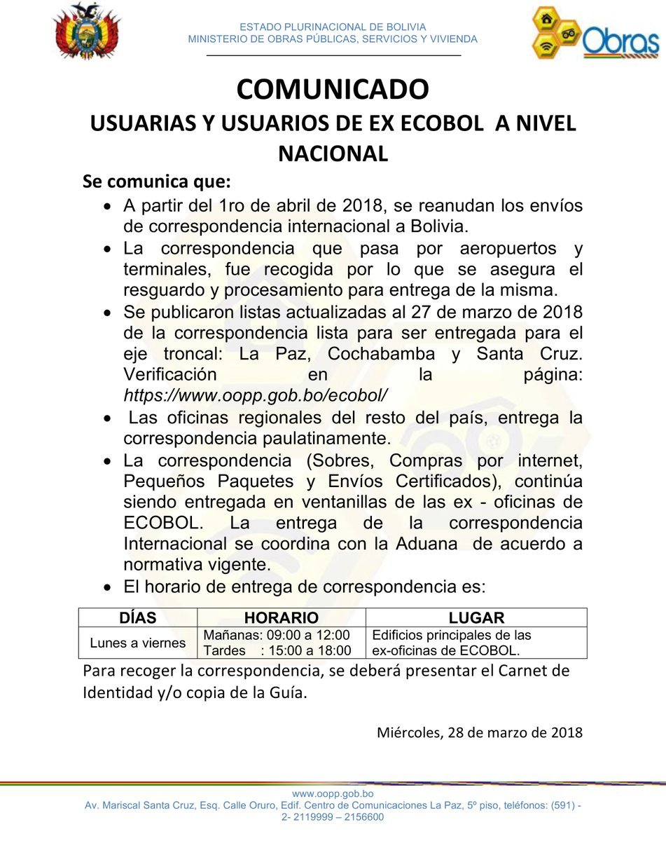 noticiasfides's tweet photo. #ANF #Ecobol comunica que el próximo 1 de abril se reanudarán los envíos de correspondencia internacional a Bolivia. 👇👇👇 https://t.co/Nn5idsxpbf