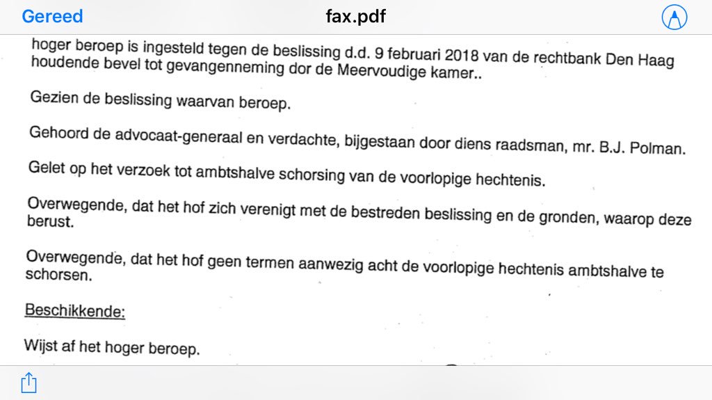 Samen met @BJPolman een zeer uitvoerig en goed onderbouwd verzoek tot schorsen voorarrest bij <a href="/HofDenHaag/">Hof Den Haag</a> ingediend. Dat wordt anno 2018 dan zo afgewezen. Ik blijf het bizar vinden dat rechters op deze wijze beslissingen “motiveren”.