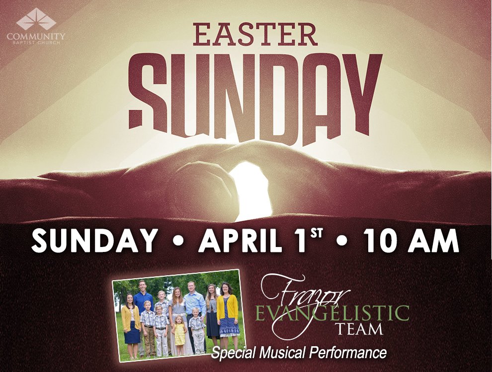 CBC_SB's tweet photo. Join us this Sunday, April 1st for a special #Easter service as we celebrate the #Resurrection of our Savior. Special music performance by the Frazor Evangelistic Team. Service begins at 10AM.  #CBC #SouthBend https://t.co/c6dM8Y1gdC