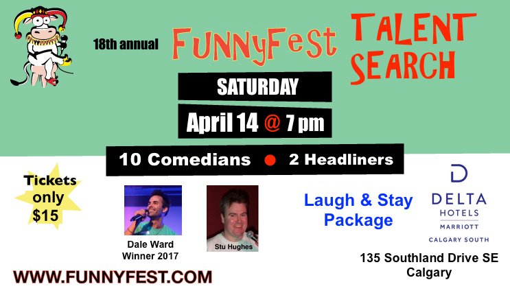 #yyc <a href="/DeltaCalgarySth/">Delta Calgary South</a> Presents 18th annual #FunnyFest #Comedy #Competition Sat, April 14. Laugh as 10 Comedians Compete to win a spot in the #Calgary Comedy #Festival. Plus 2 #headliners. <a href="/TourismCalgary/">Tourism Calgary</a> Book a "LAUGH &amp; STAY" #Package OR buy #tickets funnyfest-comedy-delta.eventbrite.ca/?discount=Delt…