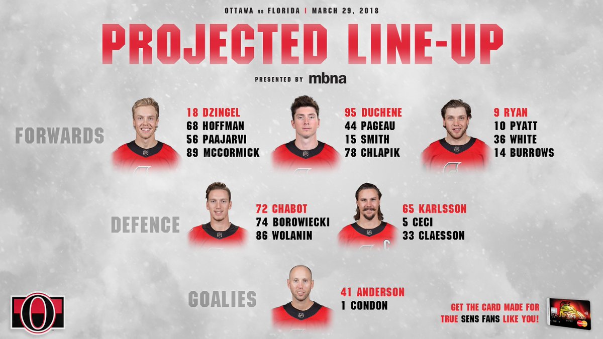 Senators's tweet photo. White checks in and Anderson starts in goal against the Panthers. Here's a look at the #Sens projected line-up tonight.

LINE-UP NOTES: https://t.co/rlq8lBqlJl https://t.co/7IaGJwgCnt
