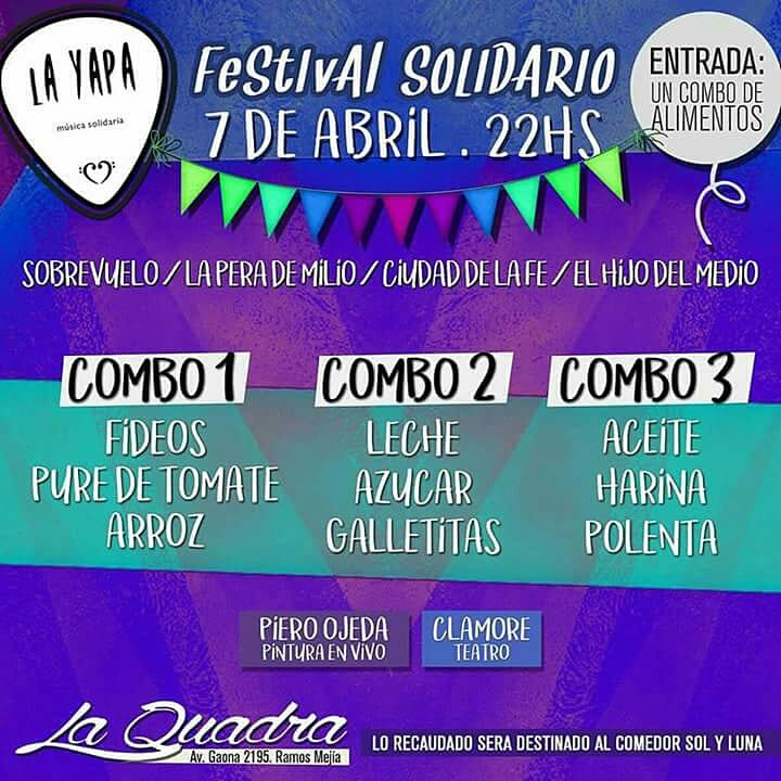 La semana a viene vamos a estar adelantando un poquito de lo que va a ser el show de La Trastienda en La Quadra Bar junto con nuestras bandas hermanas del barrio. <a href="/sobrevuelo/">SobreVuelo</a> <a href="/laperaoficial/">La Pera De Milio</a> y <a href="/ELHIJODELMEDIO/">ºEL HIJO DEL MEDIO</a>. En el festival solidario de La Yapa Solidaria !!!