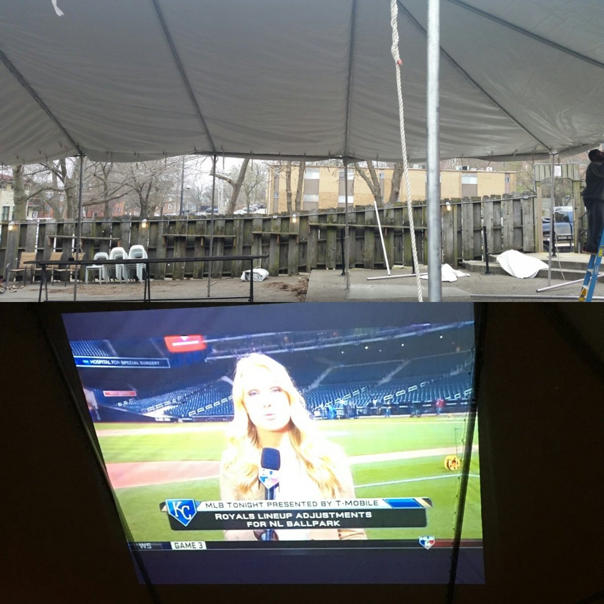 The tent is up. Projecting a 10x15 screen under the tent. Keep the party in the triangle on 14th st. @JayhawkCafe @KUbullwinkles