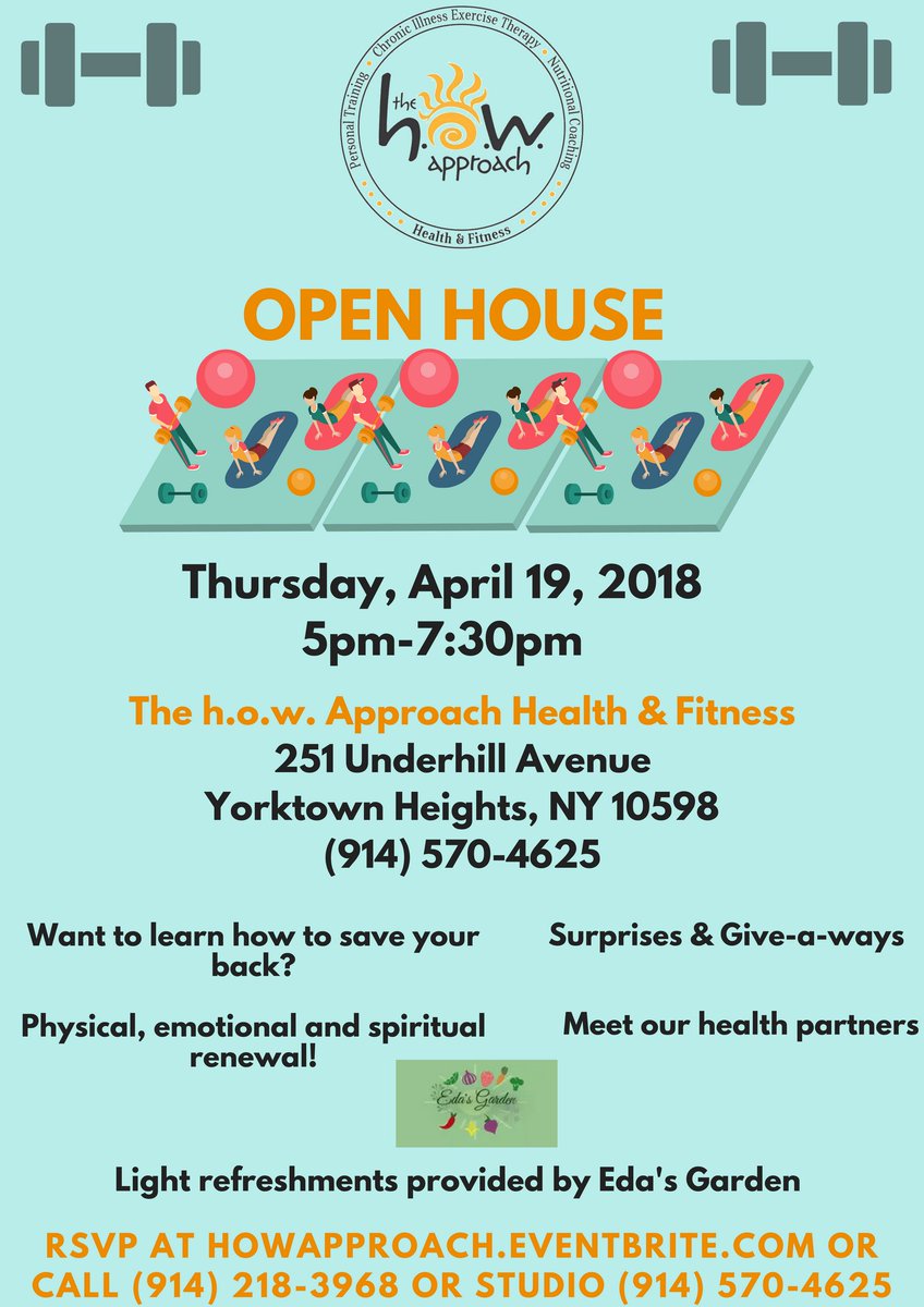 howapproach's tweet photo. We are excited to share that we will be holding an Open House on Thursday, April 19th from 5pm-7:30pm at our studio. Learn more about The h.o.w. Approach while enjoying some giveaways and refreshments from @edas_garden. #thehowapproach #openhouse #exercise #nutrition #openhouse https://t.co/RtpzjbqwVK