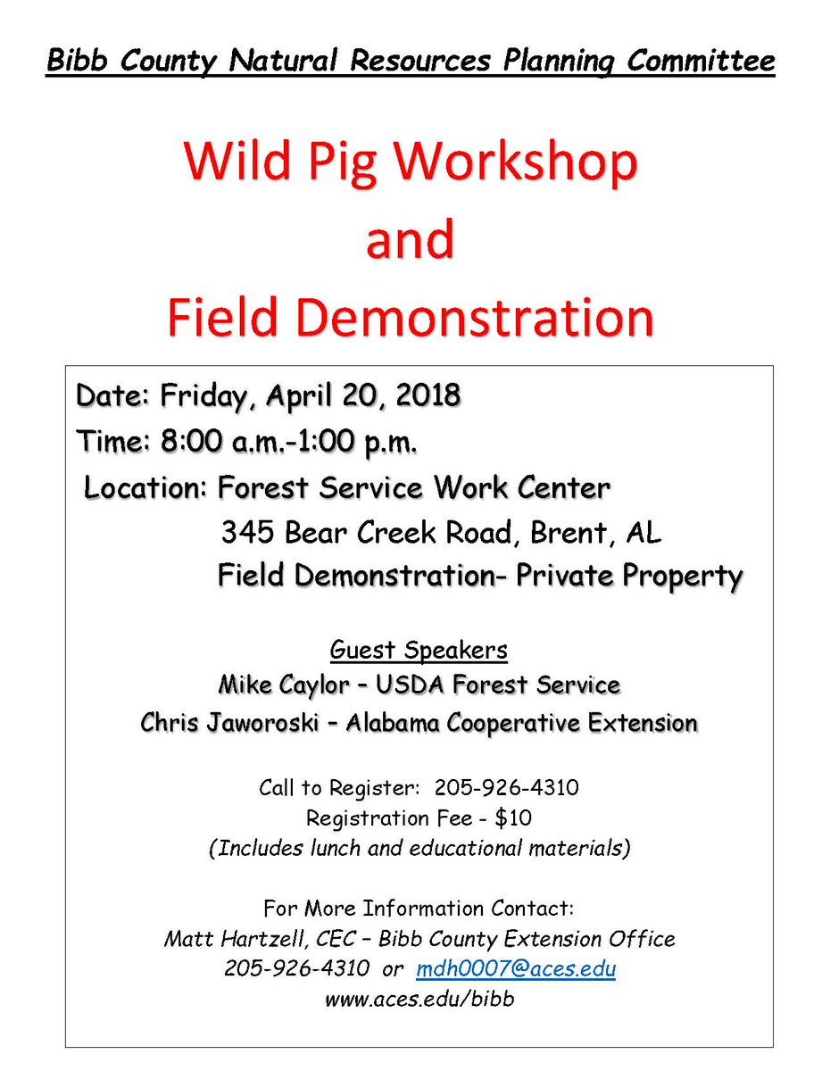 NFinAlabama's tweet photo. The US Forest Service is teaming up with the Alabama Cooperative Extension to host a Wild Pig Workshop on Friday, April 20, 2018 at 8:00am. Workshop will be held at the Forest Service Work Center, 345 Bear Creek Road in Brent, AL. https://t.co/I37vmsPzYT
