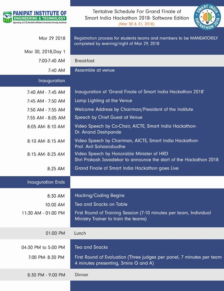 PIETPanipat's tweet image. Here is the tentative schedule for Grand Finale of Smart India Hackathon 2018- Software Edition!
@AICTE_INDIA @SIH2018 @narendramodi @HRDMinistry @PMOIndia 
#PIET #SmartHackathon2018 #SoftwareEdition #EventSchedule