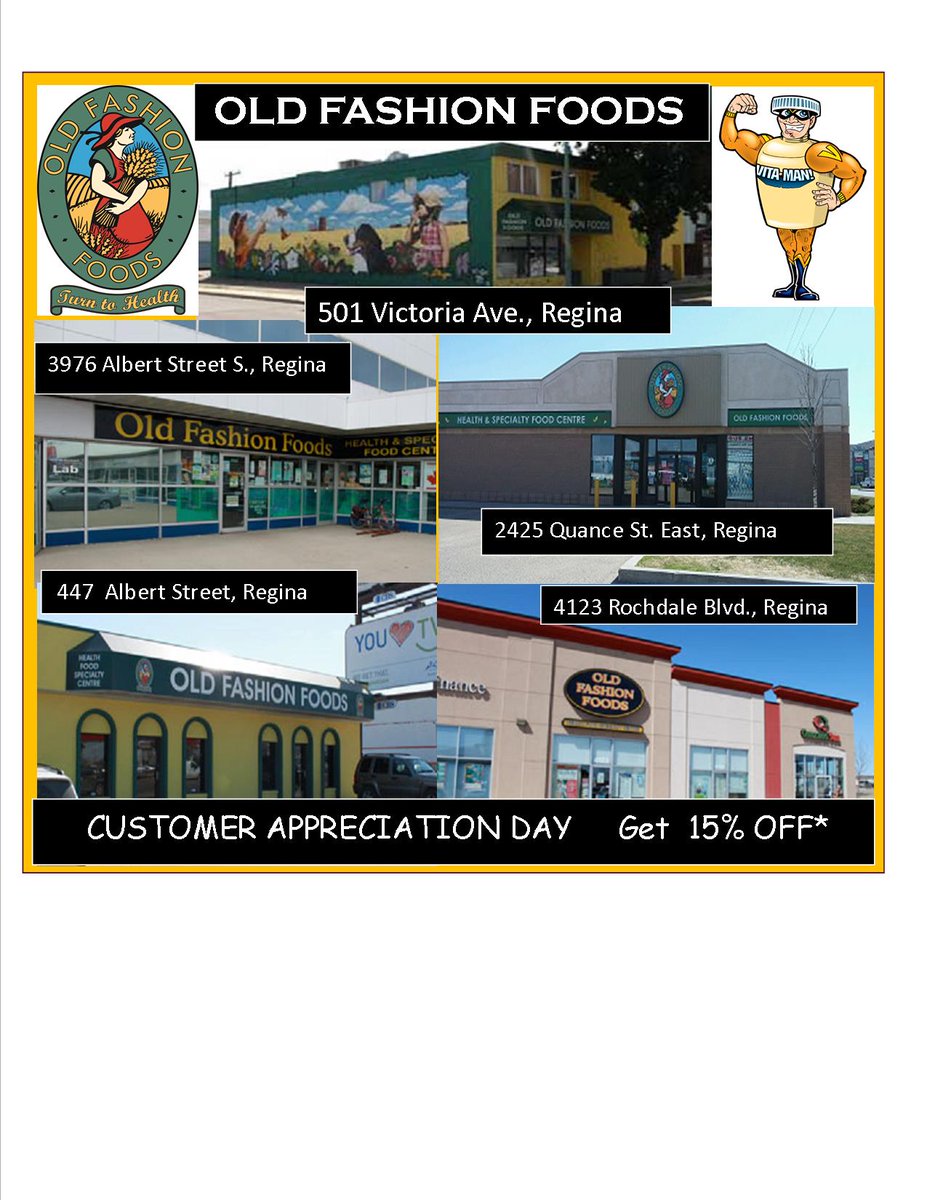 OLDFASHIONFOODS's tweet image. Easter Hours:
Old Fashion Foods is open today until 7 p.m., then closed tomorrow for Good Friday. We are open Saturday regular hours.

Monday, April 2 is CUSTOMER APPRECIATION DAY!

Get 15% OFF* Everything at all five Regina stores.
STOCK UP &amp;amp; SAVE$$$

*some exceptions.
