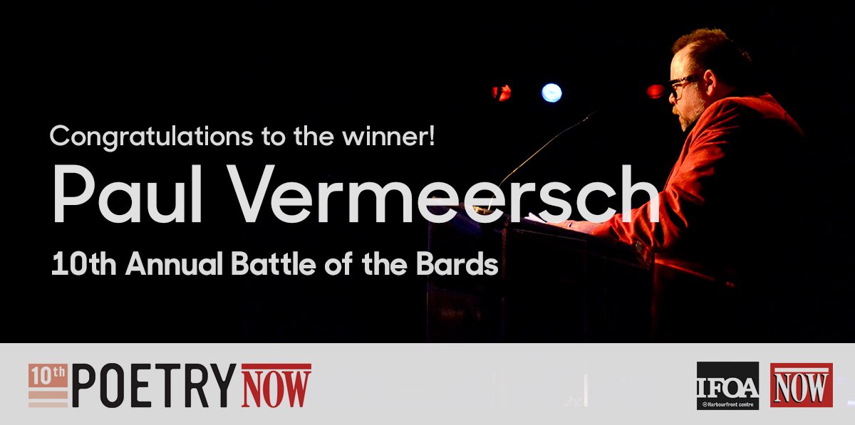 festofauthors's tweet photo. The winner of the 10th Annual Battle of the Bards is Paul Vermeersch! Congratulations to the participants. We can’t wait to see Paul at the Festival in October 😀 #poetrynow #IFOAweekly @paulvermeersch @ecwpress https://t.co/1c6uoYBLX5