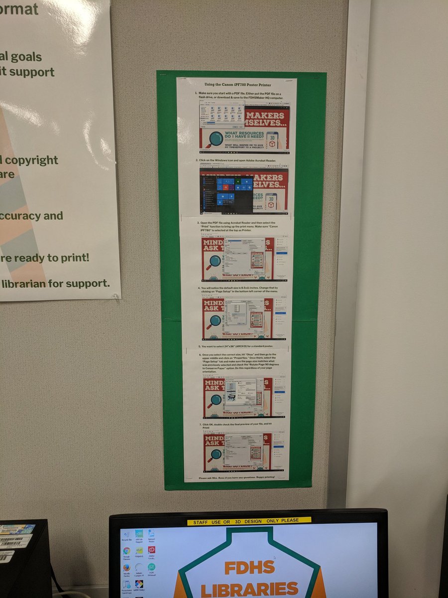 FDHSBookJockey's tweet photo. It only took until the day before Spring Break, but there is now a visual guide to using the large format poster printer in the #FDHSMaker HQ. Check it out #FDHSPLN https://t.co/eox3RobANA
