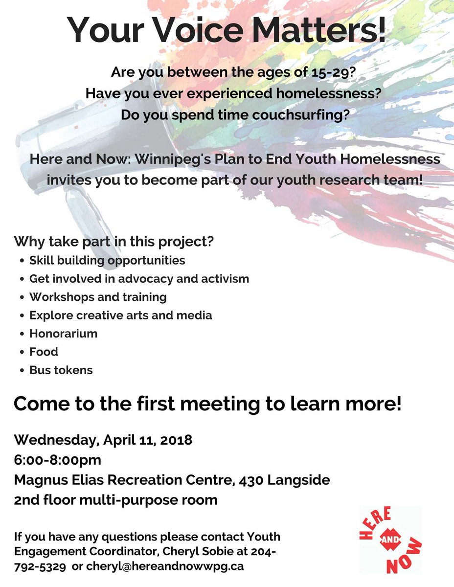 Attention youth aged 15-29 who have experienced homelessness or have been couchsurfing! We are putting together a youth research team!

Come check out our first meeting on April 11th from 6-8pm upstairs at the MERC! If you have any questions, call or text Cheryl 204-792-5329.