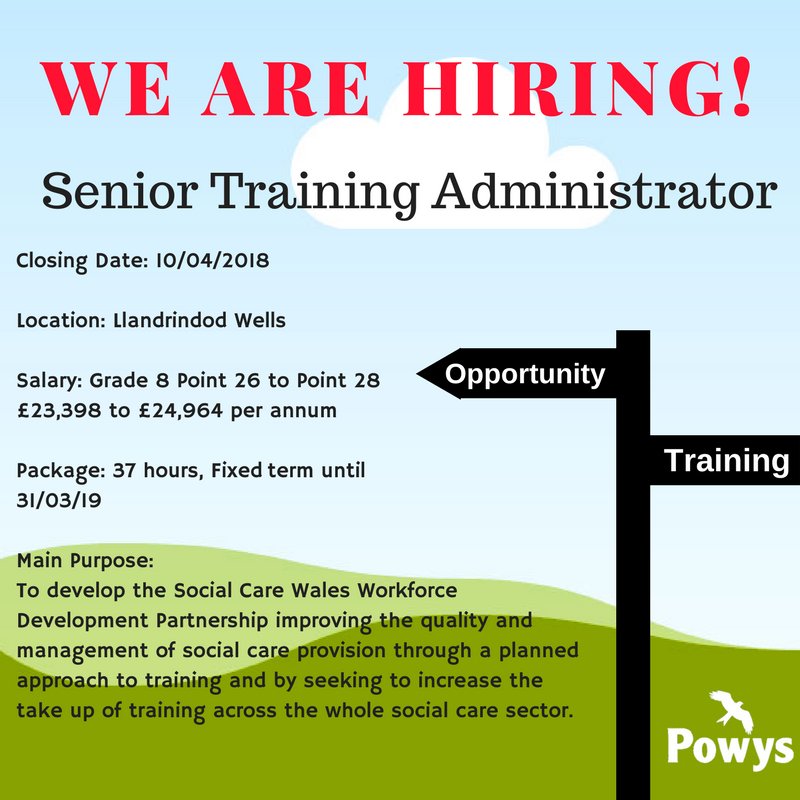 PowysWorkforce's tweet photo. Uwch Weinyddwr Hyfforddiant / Senior Training Administrator #JobOpportunity at Powys County Council @PowysCC #Powys #training #Administrator #socialcare #workinPowys #recruitment
Further information : https://t.co/E1sHewtQeY. https://t.co/5xEizcbfiG
