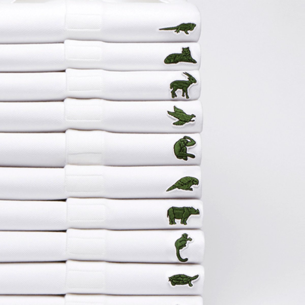 Subversive branding in a good cause. Lacoste limited edition polos where threatened species hog the iconic crocodile’s spot. Number of polos produced corresponded to the remaining population sizes in the wild. A sell out. #creative #brand #icon #apparel #design <a href="/LACOSTE/">Lacoste</a>