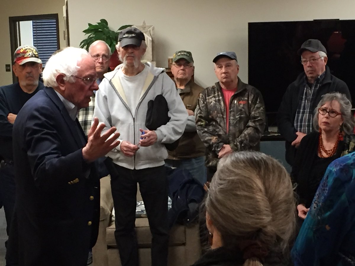 SenSanders's tweet photo. Our veterans have put their lives on the line. We must do everything possible to ensure they receive the benefits they deserve – not privatize the VA. Thank you to those who met in White River Junction today. https://t.co/y3YzEoJhj0