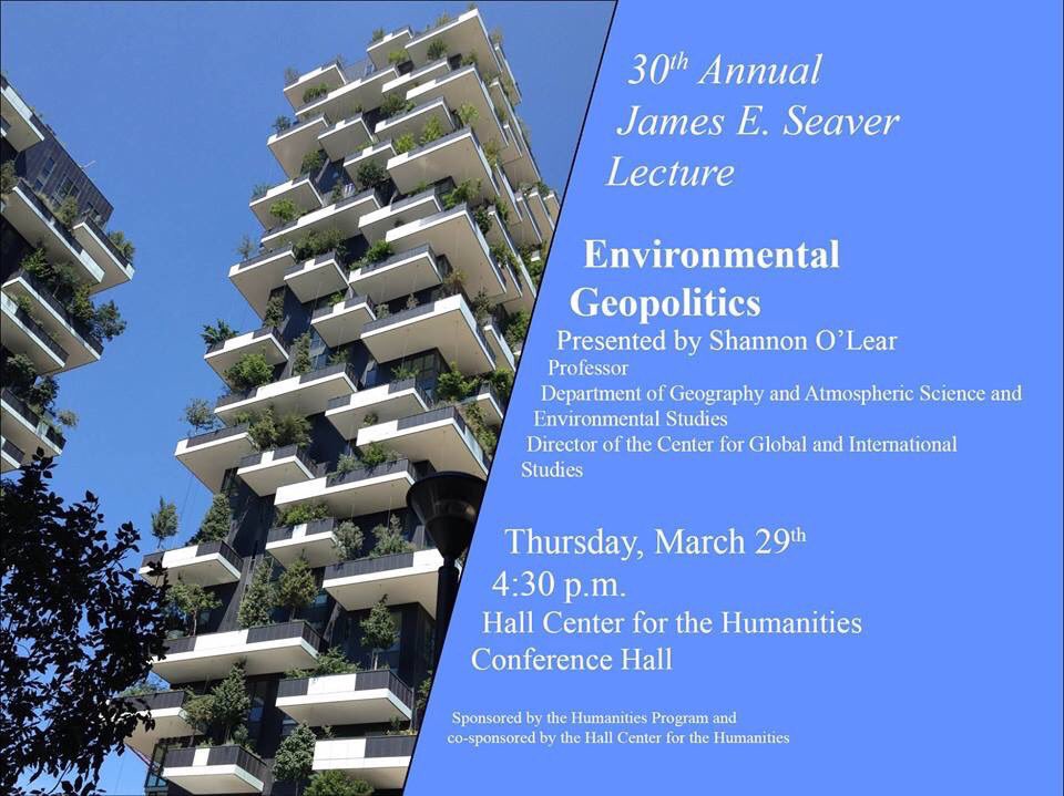 KUHallCenter's tweet photo. @kuesp @KUGeog_Atmo @kuglobal Today at the Hall Center at 4:30 pm, Professor Shannon O’Lear will give the 30th Annual Seaver Lecture on #Environmental #Geopolitics #KUenviro #gloabalstudies #envirostudies https://t.co/HE2oTgZe2A