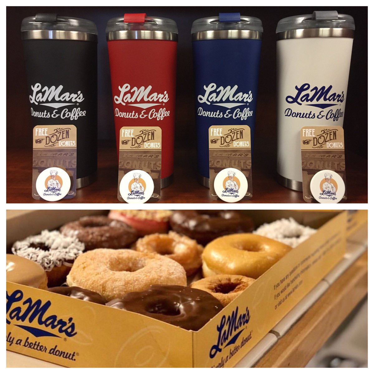 Happy Opening Day! We're having another giveaway! Life's a pitch so R/T and follow and you could win the NEW LaMar's Travel Mug, a LaMar's Pop Socket, and a FREE Dozen donuts!  Winners announced tomorrow! Mugs now available online lamars.com/online-store/ <a href="/LaMarsDonuts/">LaMar's Donuts & Coffee</a> #Ballislife