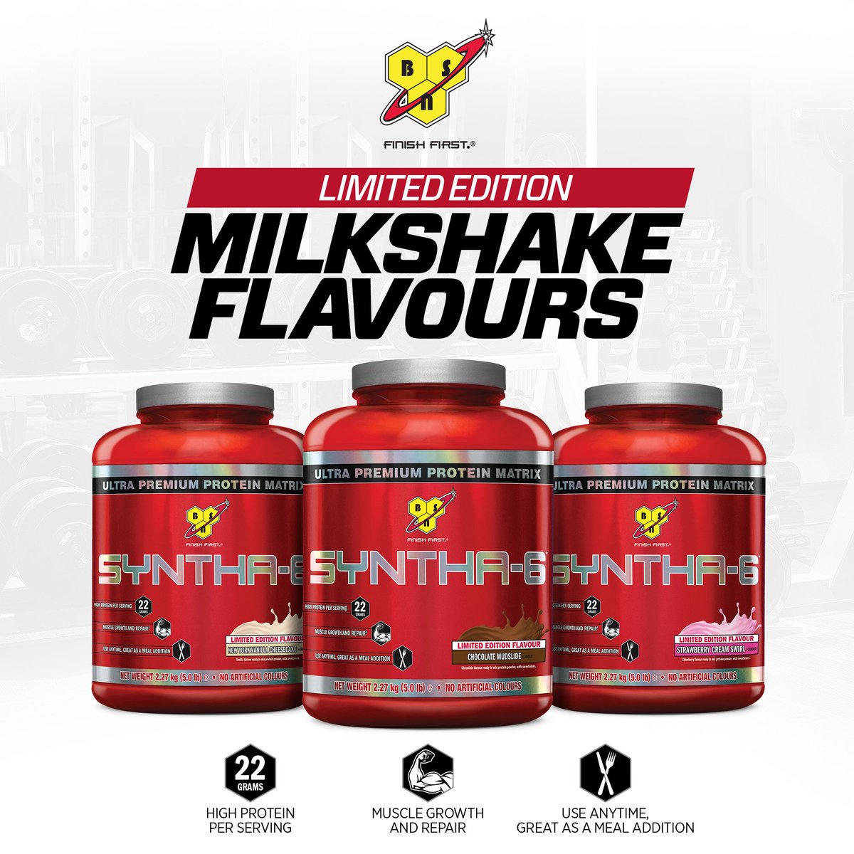 TeamBSN's tweet photo. #FITFAM WHO WANTS A TUB OF SYNTHA-6 PROTEIN? JUST #RT AND FOLLOW TO #WIN! WHAT FLAVOUR WOULD YOU CHOOSE? #COMPETITION https://t.co/qqH3hmavdt