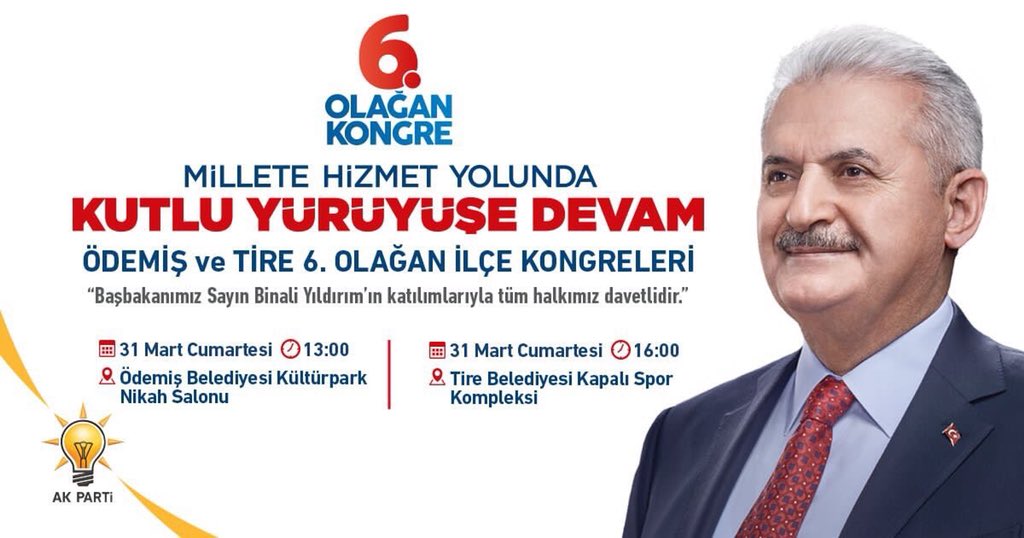 avhamzadag's tweet photo. Başbakanımız Sayın Binali Yıldırım’ın katılımlarıyla;

🗒31 Mart Cumartesi 

✅ÖDEMİŞ
⏱ 13:00
📌 Ödemiş Belediyesi Kültürpark Nikah Salonu

✅TİRE
⏱16:00
📌 Tire Belediyesi Kapalı Spor Kompleksi https://t.co/yKji9La7RY