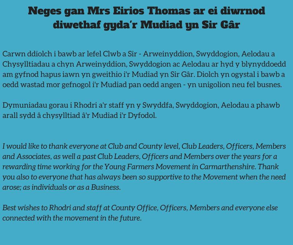 Neges gan Mrs Eirios Thomas ar ei diwrnod diwethaf yn Swyddfa'r Sir.

Diolch yn fawr iawn i chi Eirios am y 41 mlynedd diwethaf. Pob dymuniad da i'r dyfodol.